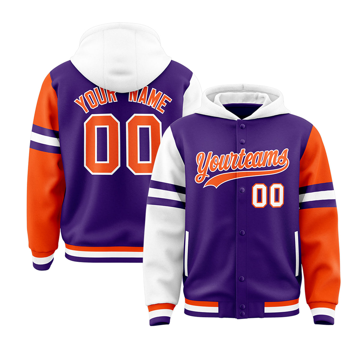 Custom Purple White-Orange Raglan Sleeves Varsity Full-Snap Letterman Three Stripes Jacket Hoodie