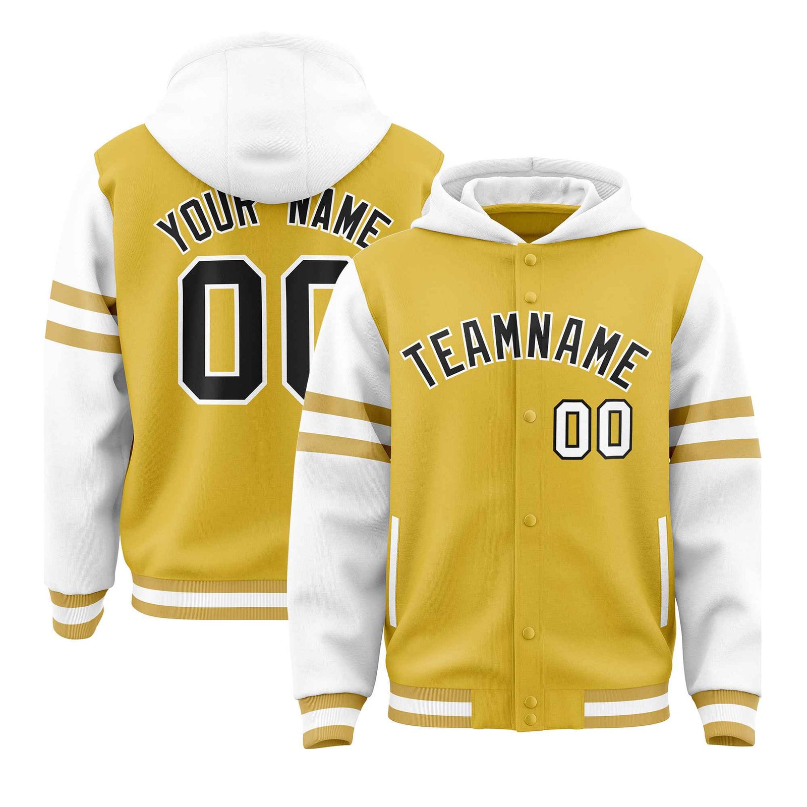 Custom Old Gold White Raglan Sleeves Varsity Full-Snap Letterman Three Stripes Hoodie Jacket