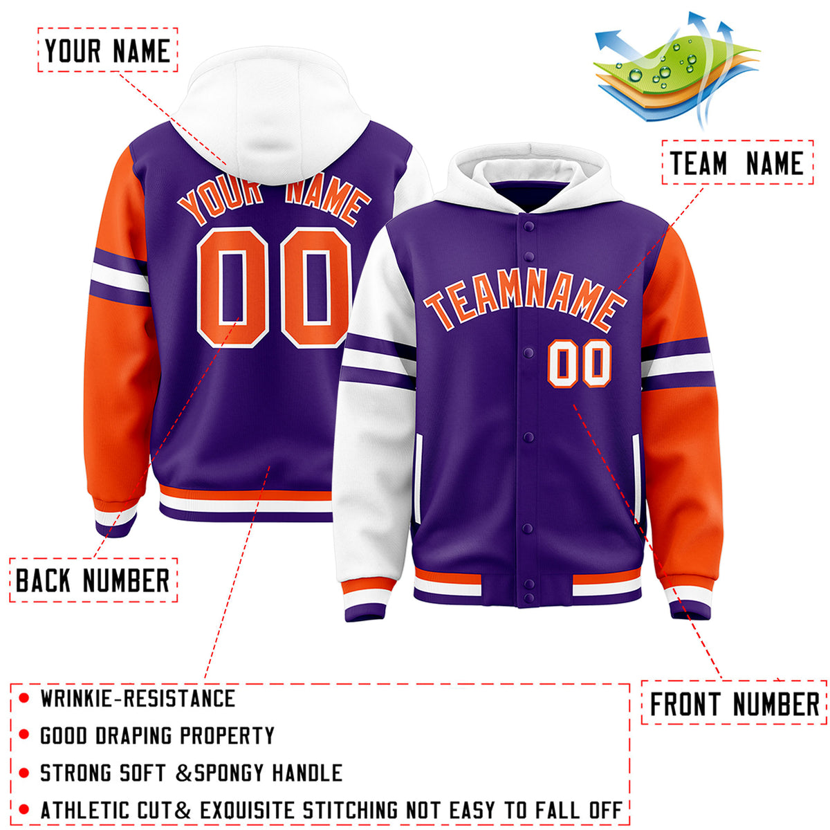 Custom Purple White-Orange Raglan Sleeves Varsity Full-Snap Letterman Three Stripes Jacket Hoodie