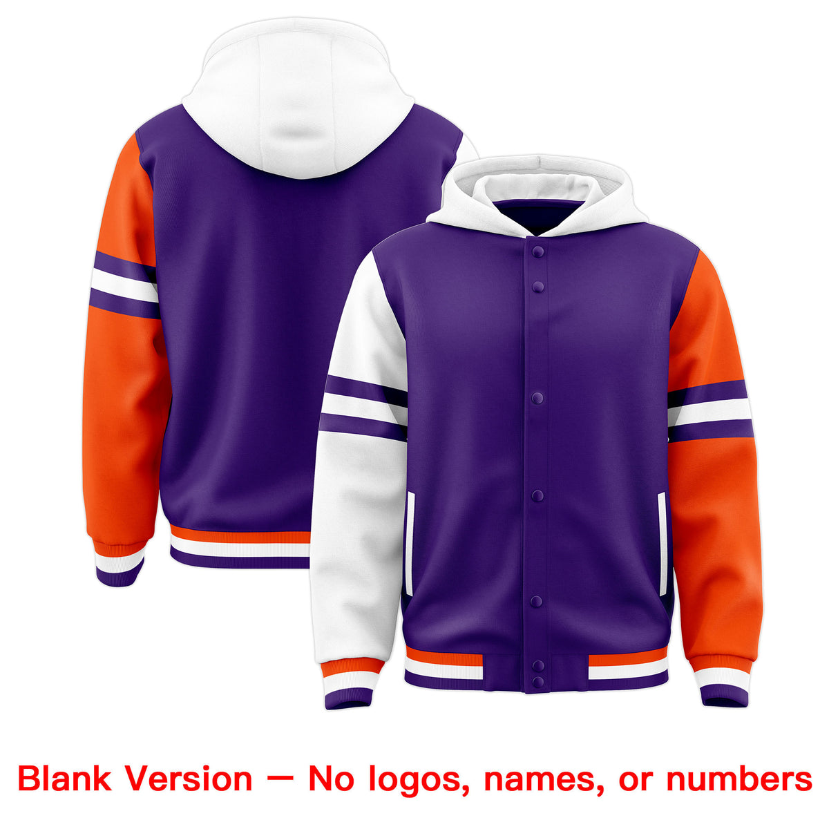 Custom Purple White-Orange Raglan Sleeves Varsity Full-Snap Letterman Three Stripes Jacket Hoodie