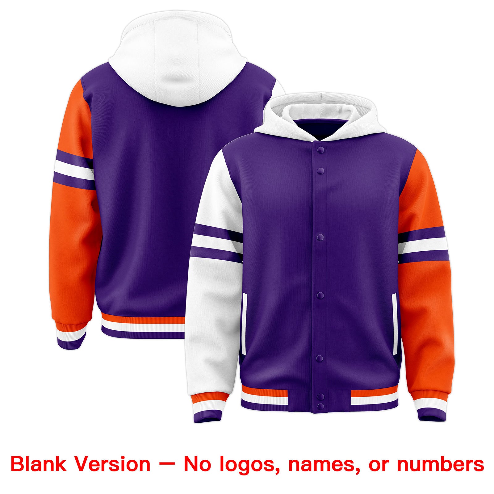 Custom Purple White-Orange Raglan Sleeves Varsity Full-Snap Letterman Three Stripes Jacket Hoodie