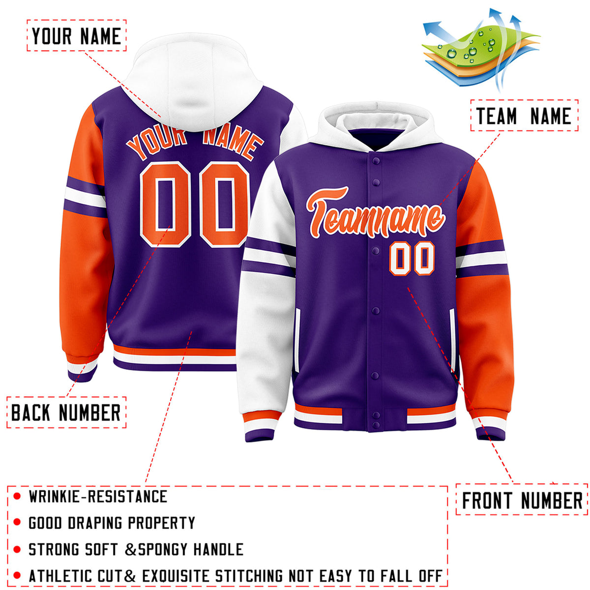 Custom Purple White-Orange Raglan Sleeves Varsity Full-Snap Letterman Three Stripes Jacket Hoodie