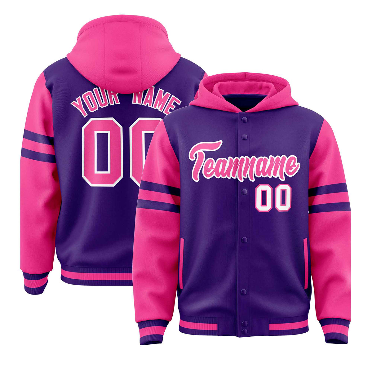Custom Purple Pink Raglan Sleeves Varsity Full-Snap Letterman Three Stripes Hoodie Jacket