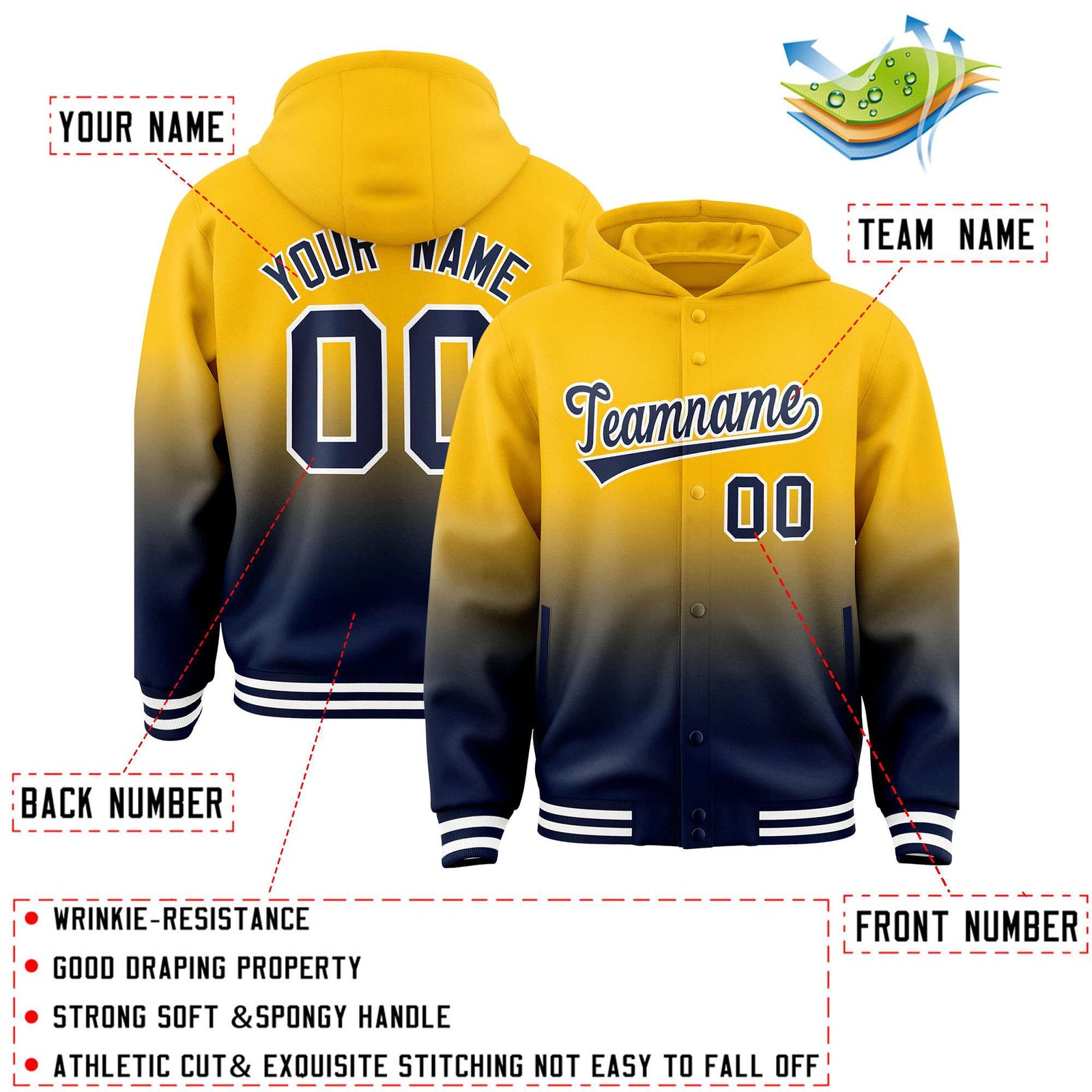 Custom Yellow Navy Varsity Full-Snap Letterman Gradient Hoodie Jacket