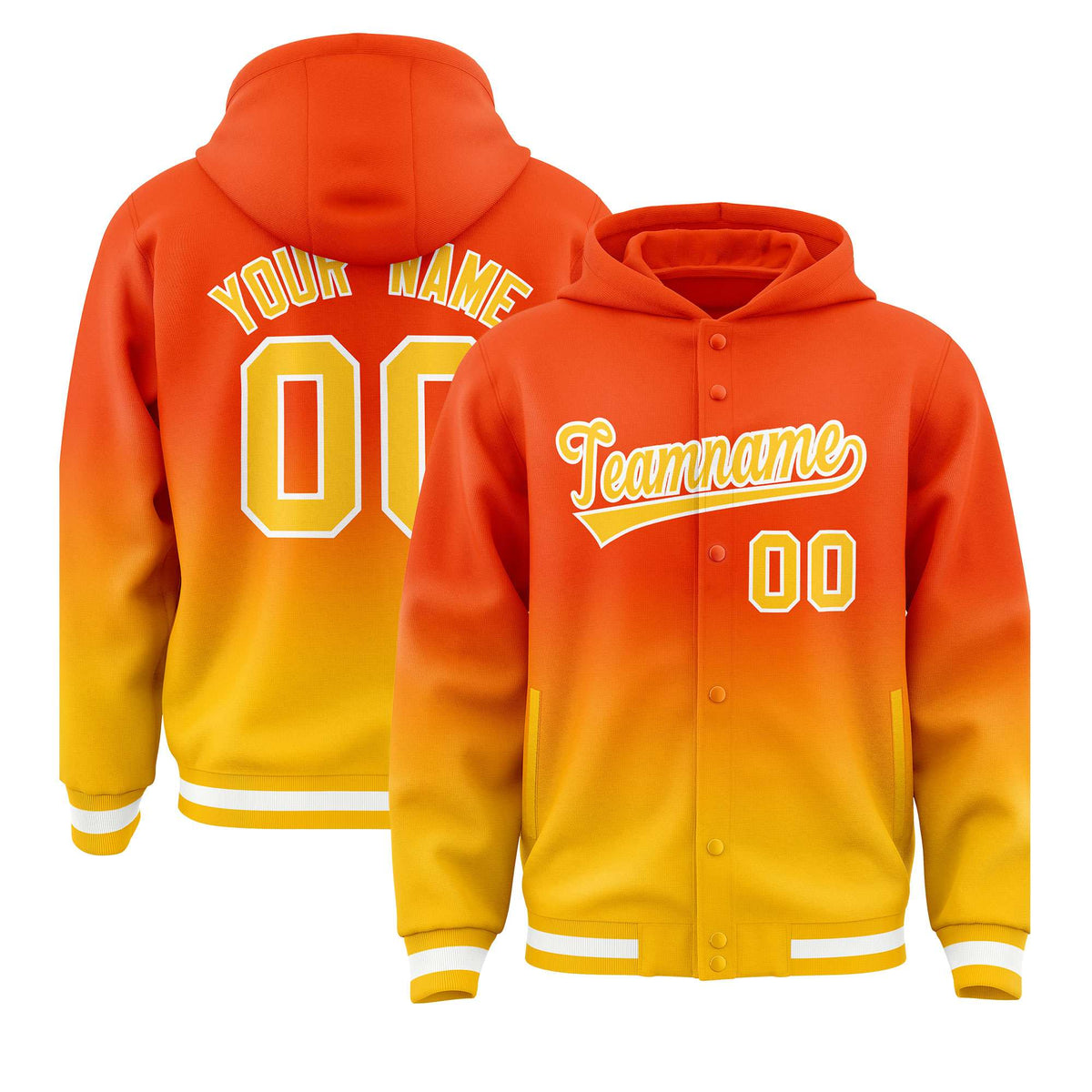 Custom Orange Yellow Varsity Full-Snap Letterman Gradient Hoodie Jacket
