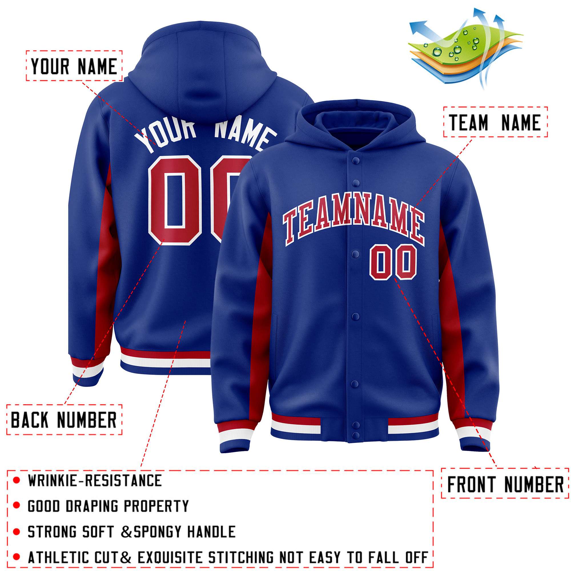 Custom Royal Red Color Block Varsity Full-Snap Letterman Hoodie Jacket