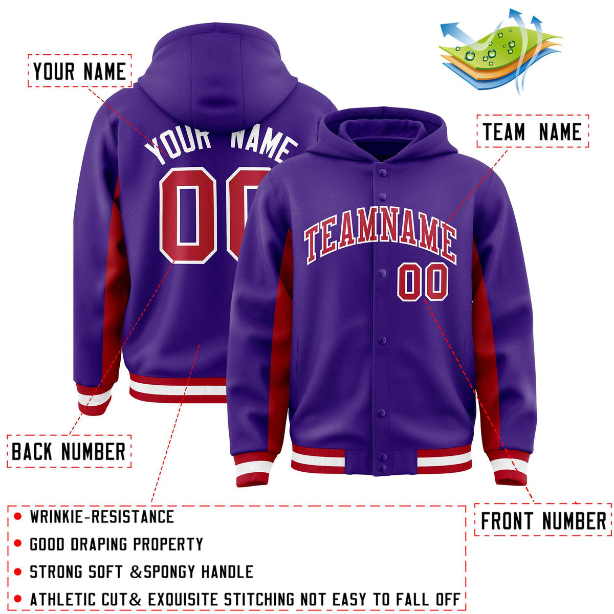 Custom Purple Red Color Block Varsity Full-Snap Letterman Hoodie Jacket