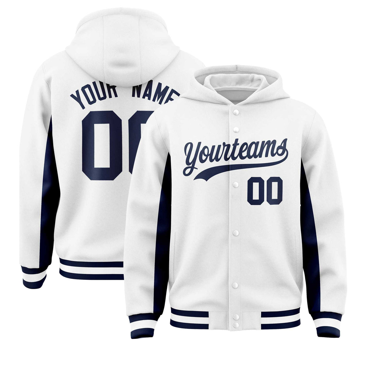 Custom White Navy Color Block Varsity Full-Snap Letterman Hoodie Jacket