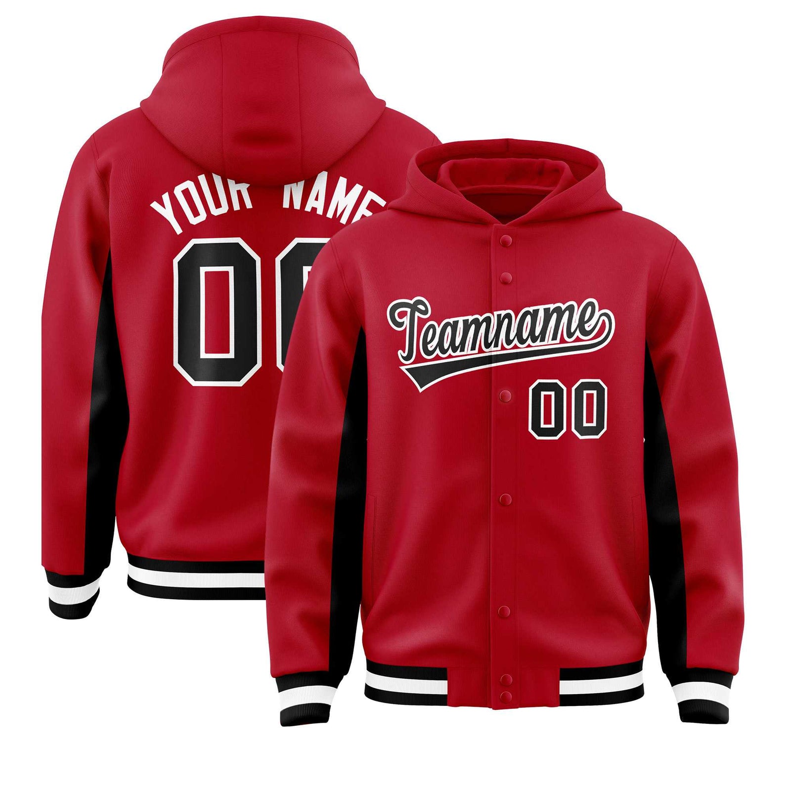 Custom Red Black Color Block Varsity Full-Snap Letterman Hoodie Jacket