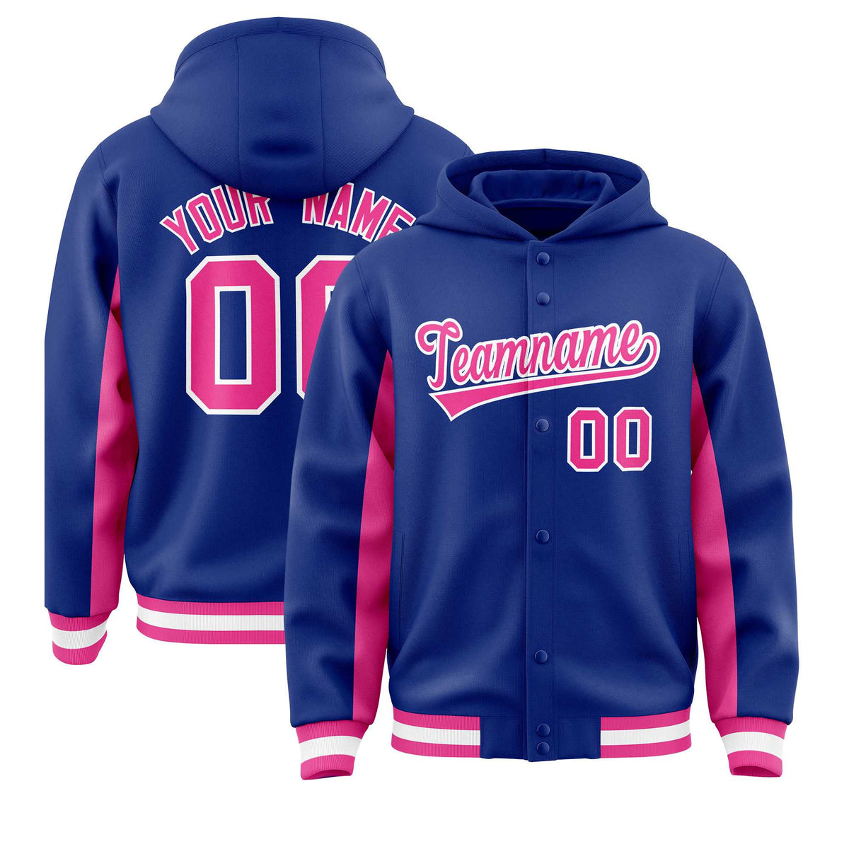 Custom Royal Pink Color Block Varsity Full-Snap Letterman Hoodie Jacket