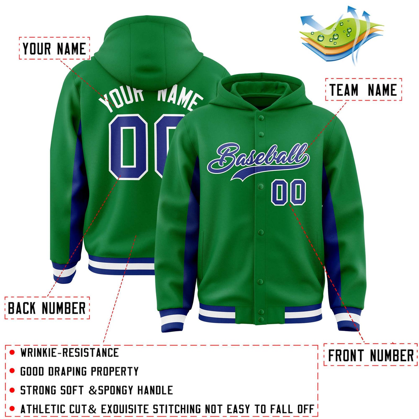 Custom Kelly Green Royal Color Block Varsity Full-Snap Letterman Hoodie Jacket