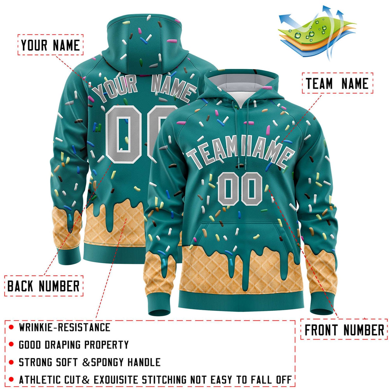 Custom Teal Graffiti Pattern Fashion Hoodie Athletic Pullover Sweatshirt