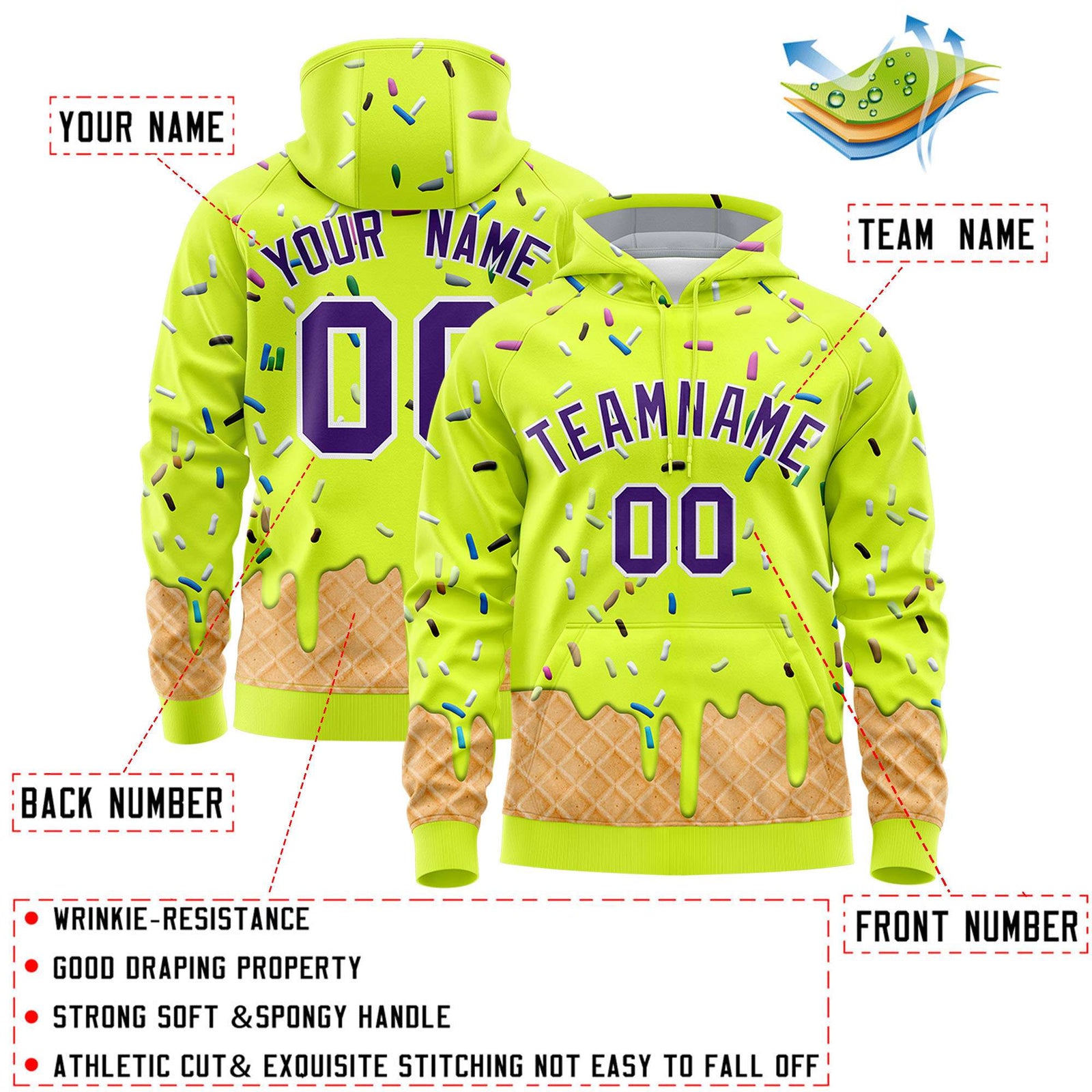 Custom Fluorescent Green Graffiti Pattern Fashion Hoodie Athletic Pullover Sweatshirt