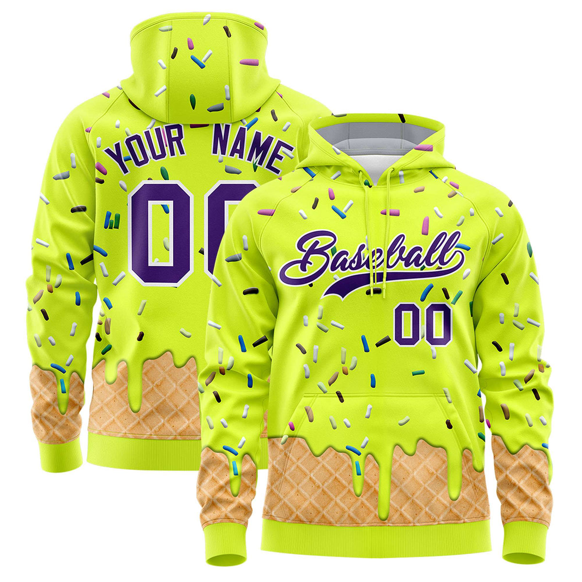 Custom Fluorescent Green Graffiti Pattern Fashion Hoodie Athletic Pullover Sweatshirt