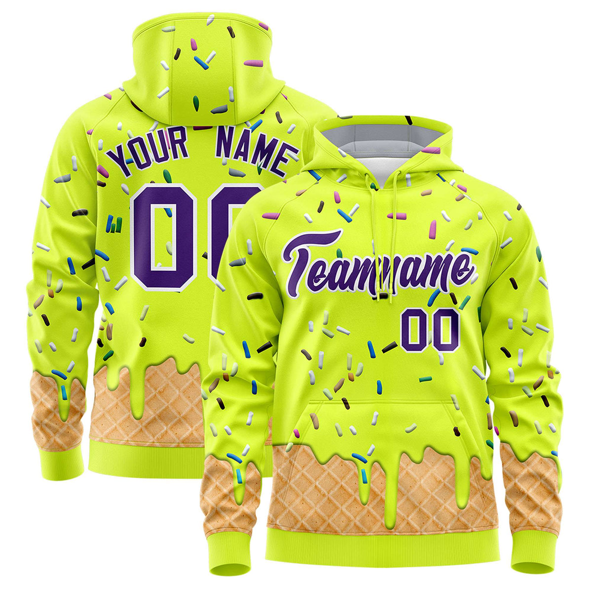 Custom Fluorescent Green Graffiti Pattern Fashion Hoodie Athletic Pullover Sweatshirt