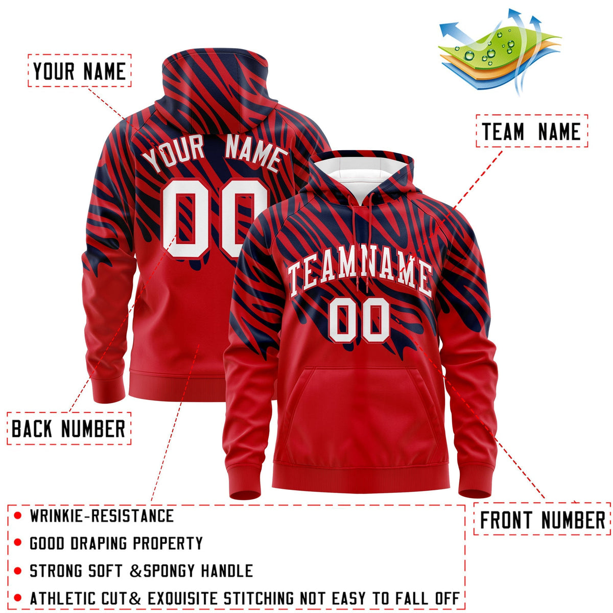 Custom Navy Red Leopard Print Pullover Sweatshirt Hoodie| KXKSHOP