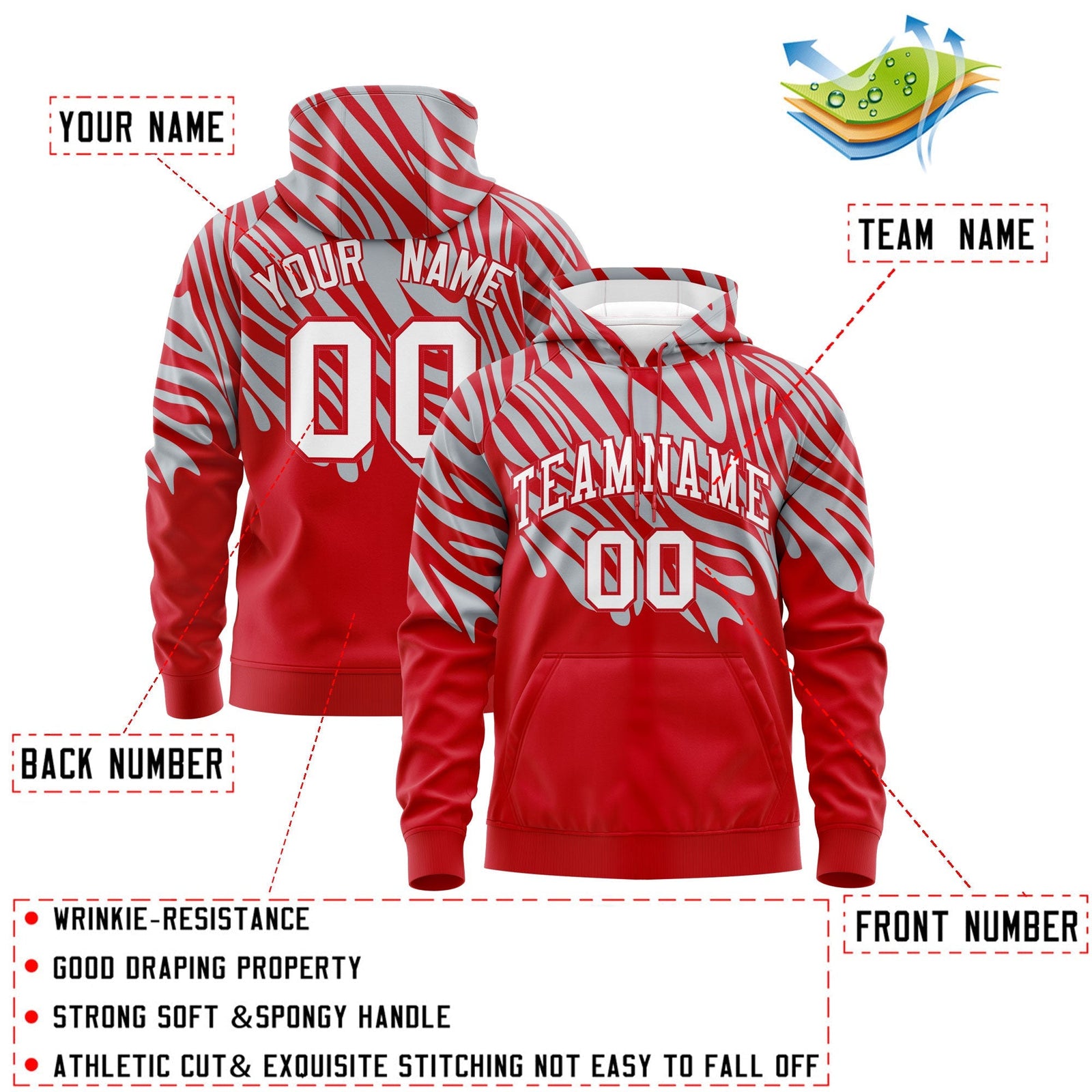 Custom Red Silver White Leopard Print Pullover Sweatshirt Hoodie| KXKSHOP