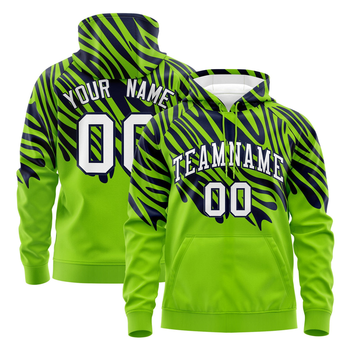 Custom Navy Neon Green Leopard Print Pullover Sweatshirt Hoodie| KXKSHOP