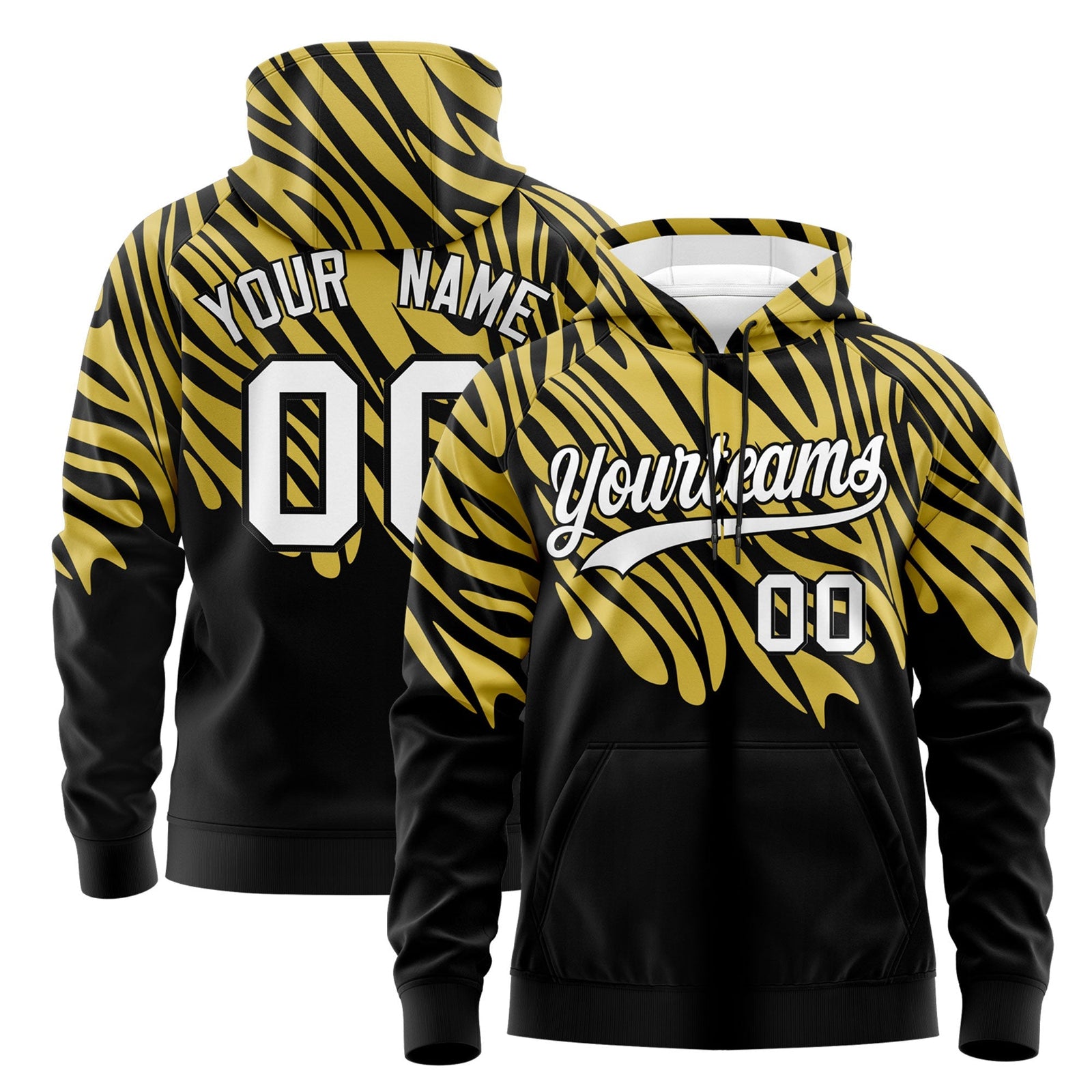 Custom Black Old Gold White Leopard Print Pullover Sweatshirt Hoodie| KXKSHOP