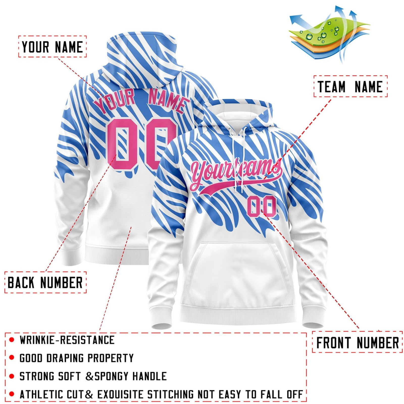 Custom White Powder Blue Pink Leopard Print Pullover Sweatshirt Hoodie| KXKSHOP