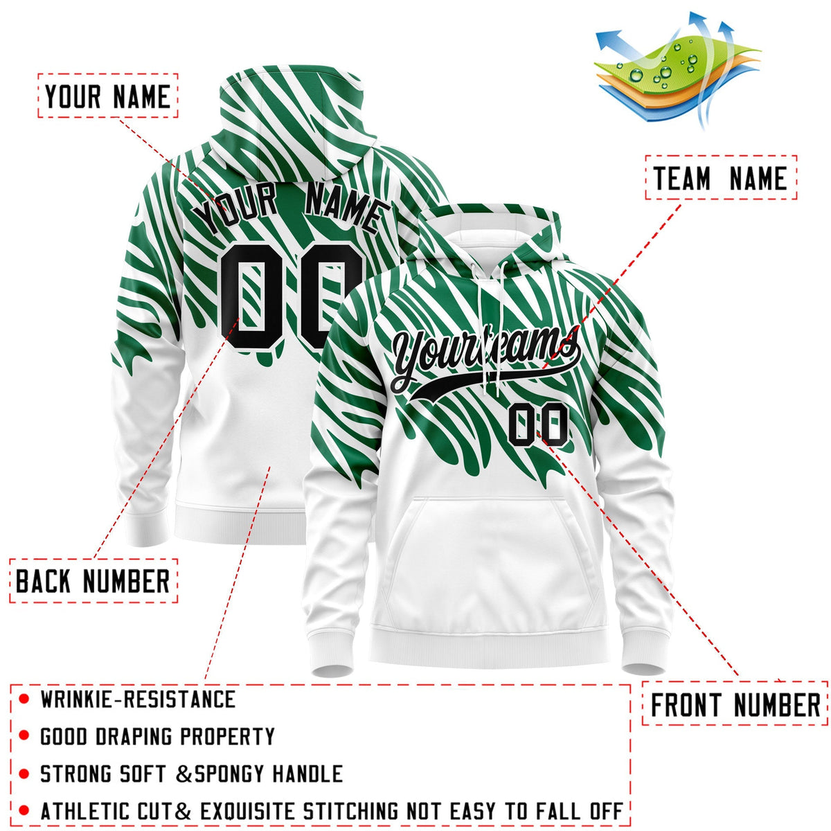 Custom Kelly Green White Black Leopard Print Pullover Sweatshirt Hoodie| KXKSHOP