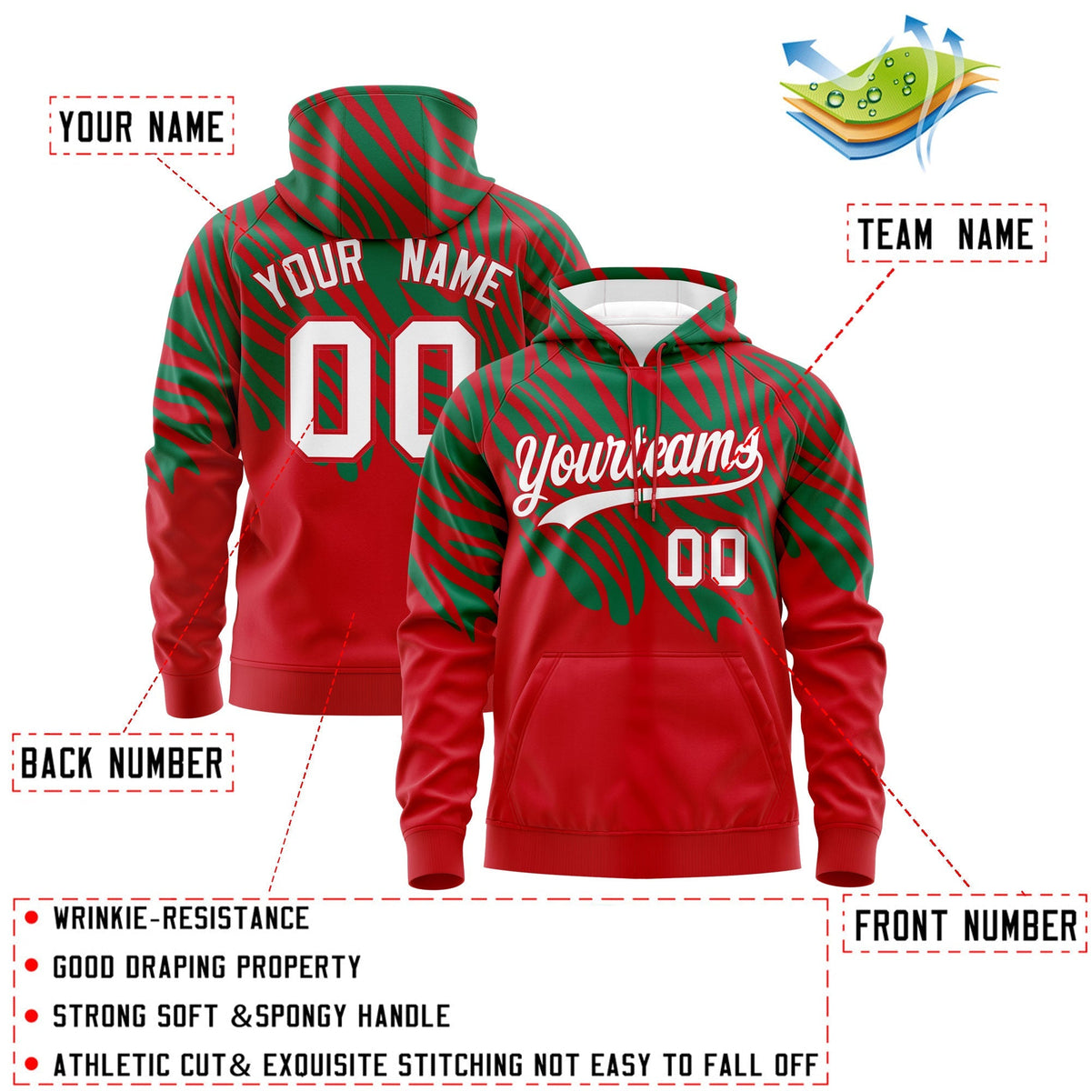 Custom Red Kelly Green Leopard Print Pullover Sweatshirt Hoodie| KXKSHOP