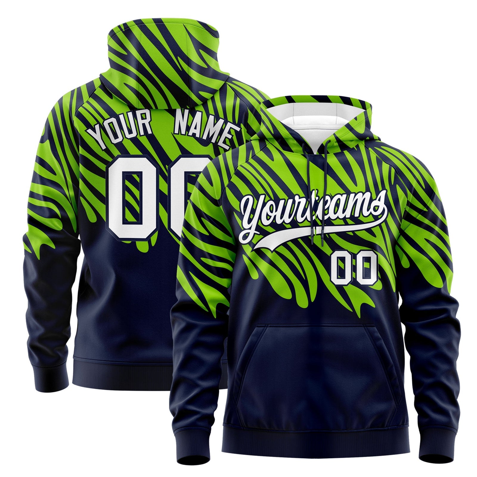 Custom Neon Green Navy Leopard Print Pullover Sweatshirt Hoodie| KXKSHOP