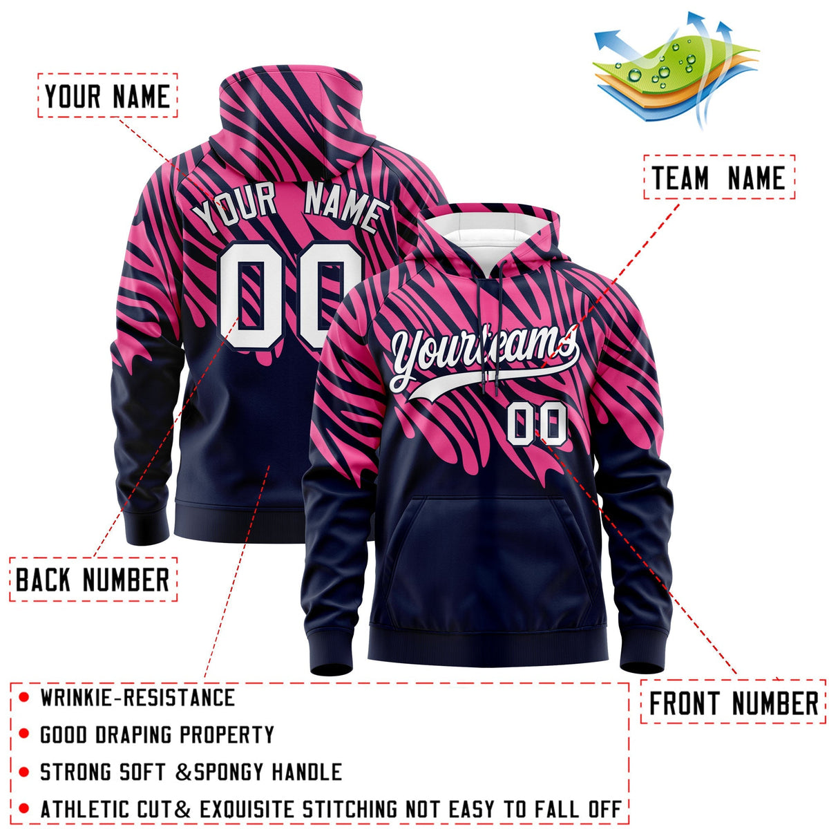 Custom Pink Navy Leopard Print Pullover Sweatshirt Hoodie| KXKSHOP