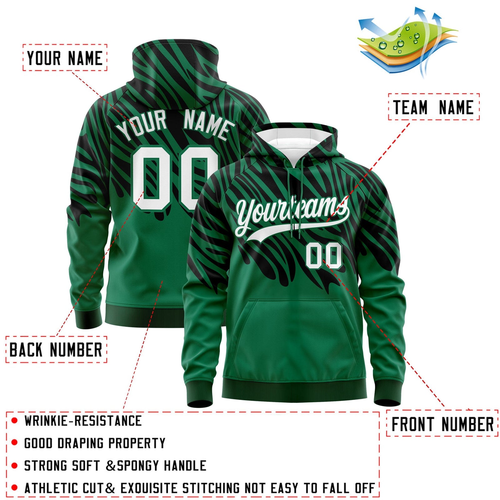 Custom Kelly Green Black Leopard Print Pullover Sweatshirt Hoodie| KXKSHOP