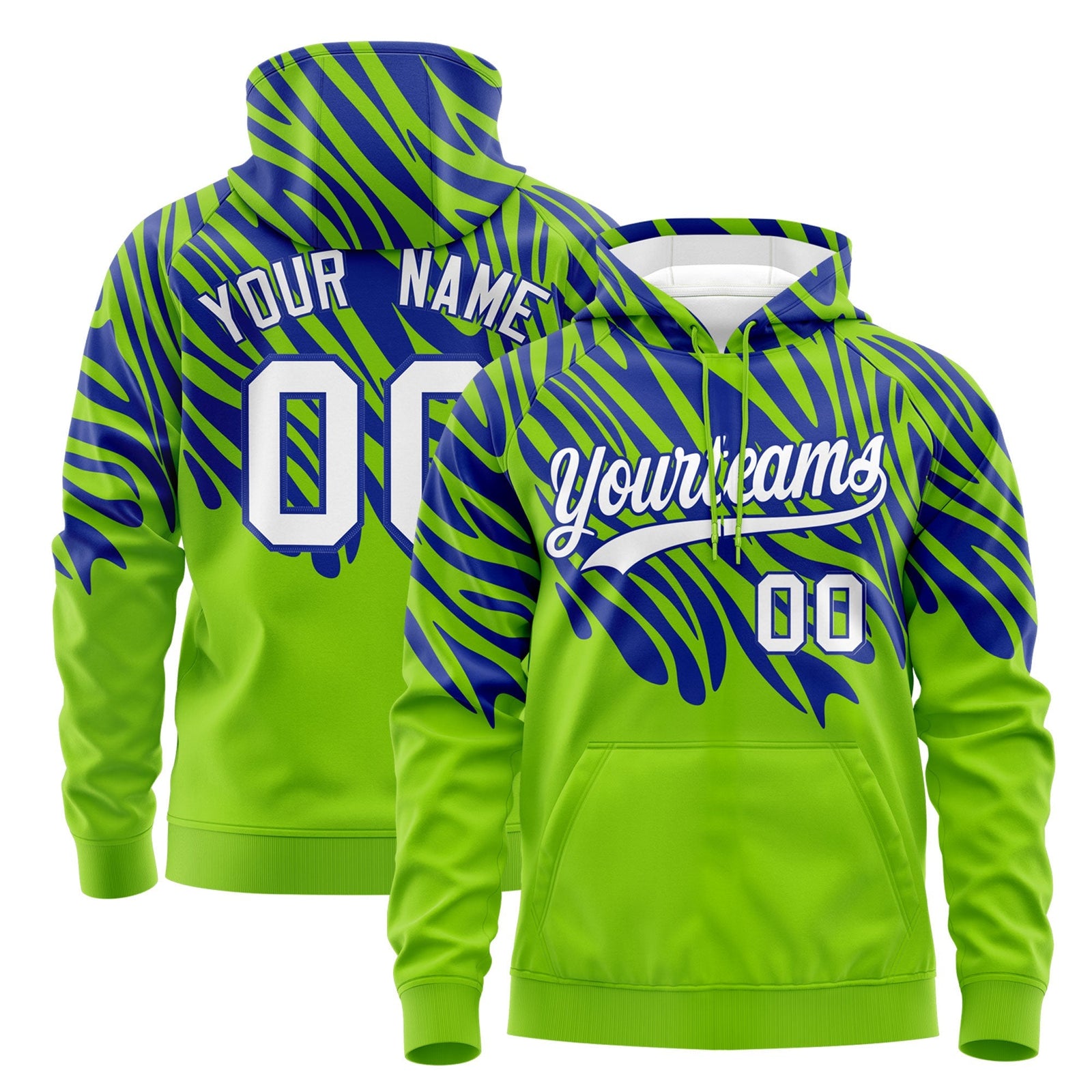 Custom Royal Blue Neon Green Leopard Print Pullover Sweatshirt Hoodie| KXKSHOP