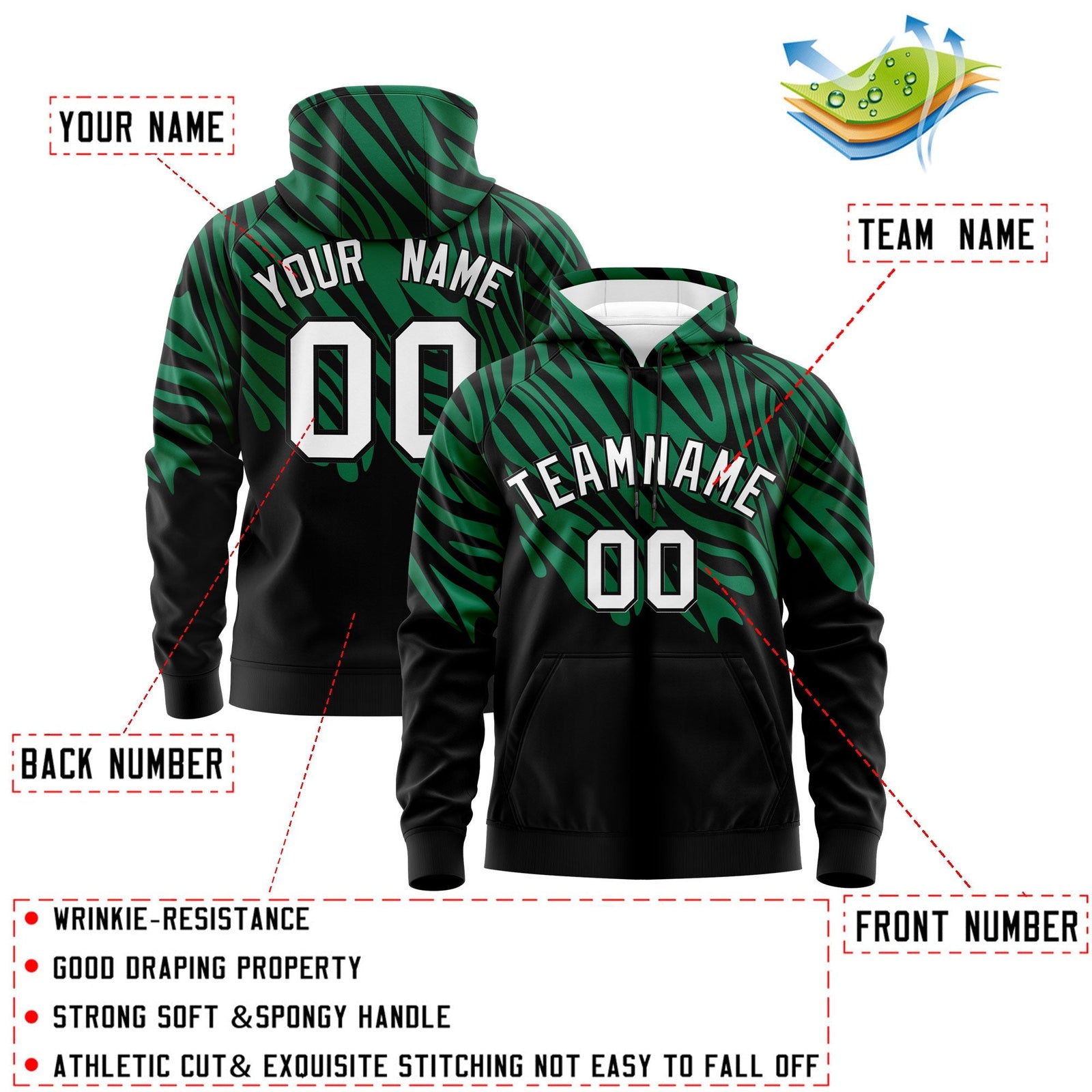 Custom Kelly Green Black White Leopard Print Pullover Sweatshirt Hoodie| KXKSHOP