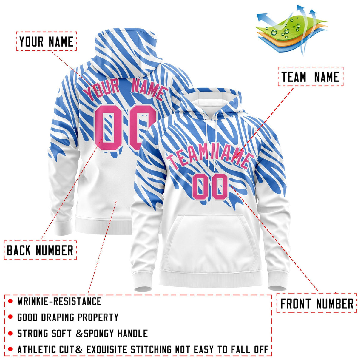 Custom White Powder Blue Pink Leopard Print Pullover Sweatshirt Hoodie| KXKSHOP