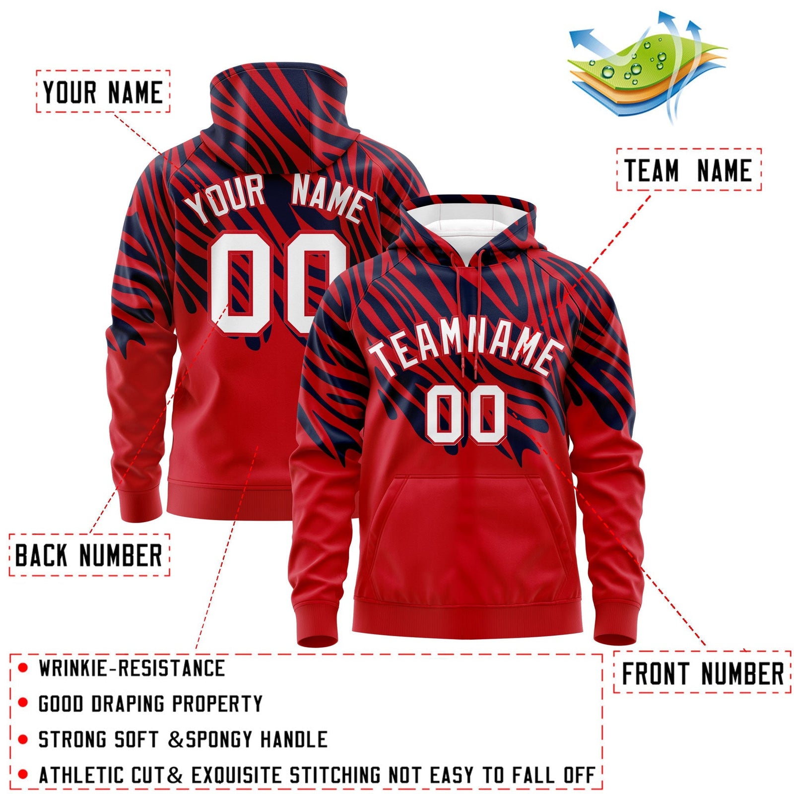 Custom Navy Red Leopard Print Pullover Sweatshirt Hoodie| KXKSHOP