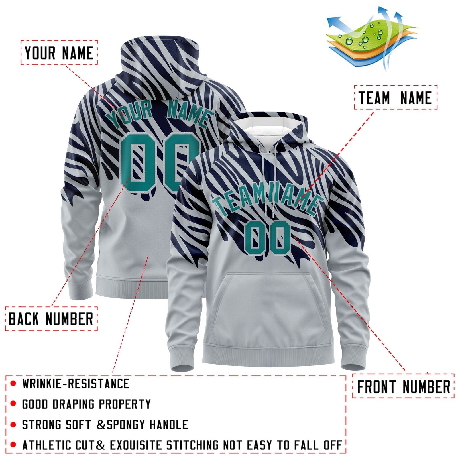 Custom Navy Silver Leopard Print Pullover Sweatshirt Hoodie| KXKSHOP