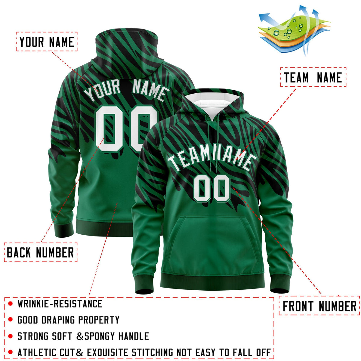 Custom Kelly Green Black Leopard Print Pullover Sweatshirt Hoodie| KXKSHOP