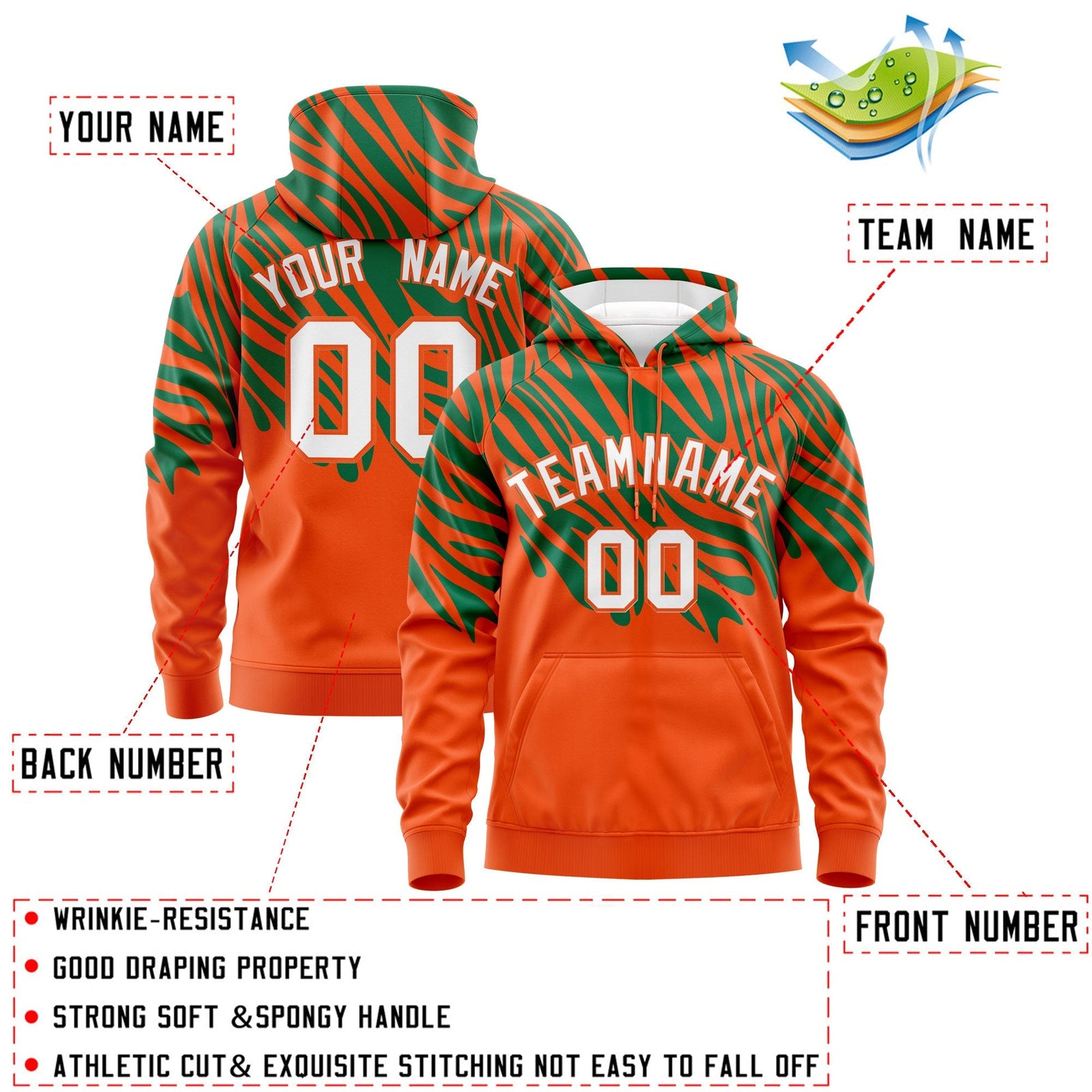 Custom Orange Kelly Green White Leopard Print Pullover Sweatshirt Hoodie| KXKSHOP