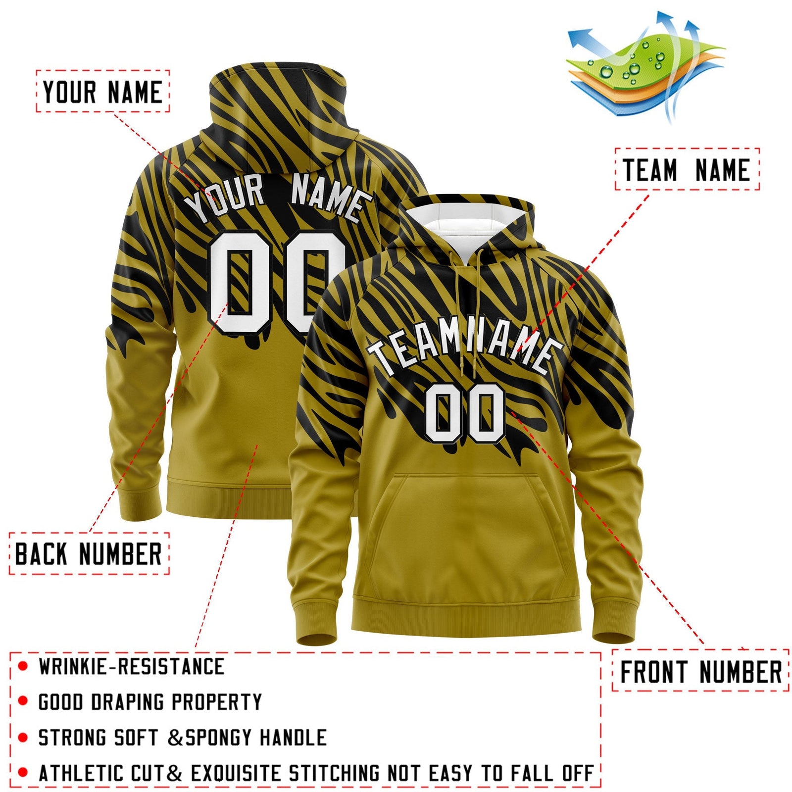 Custom Old Gold Black Leopard Print Pullover Sweatshirt Hoodie| KXKSHOP