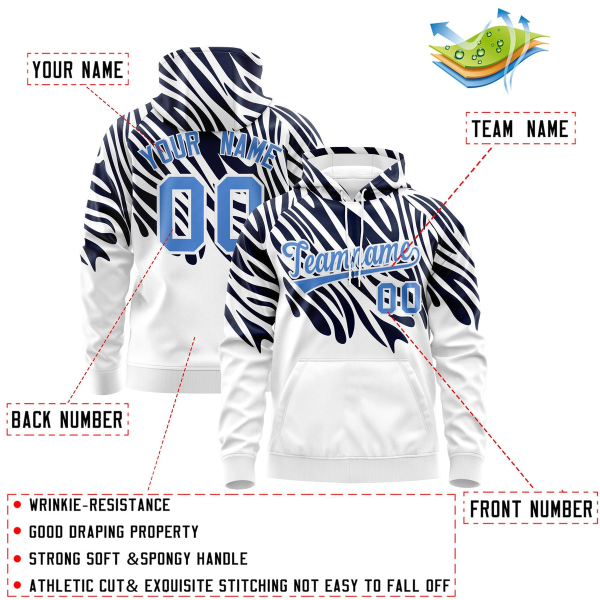 Custom Navy White Powder Blue Leopard Print Pullover Sweatshirt Hoodie| KXKSHOP