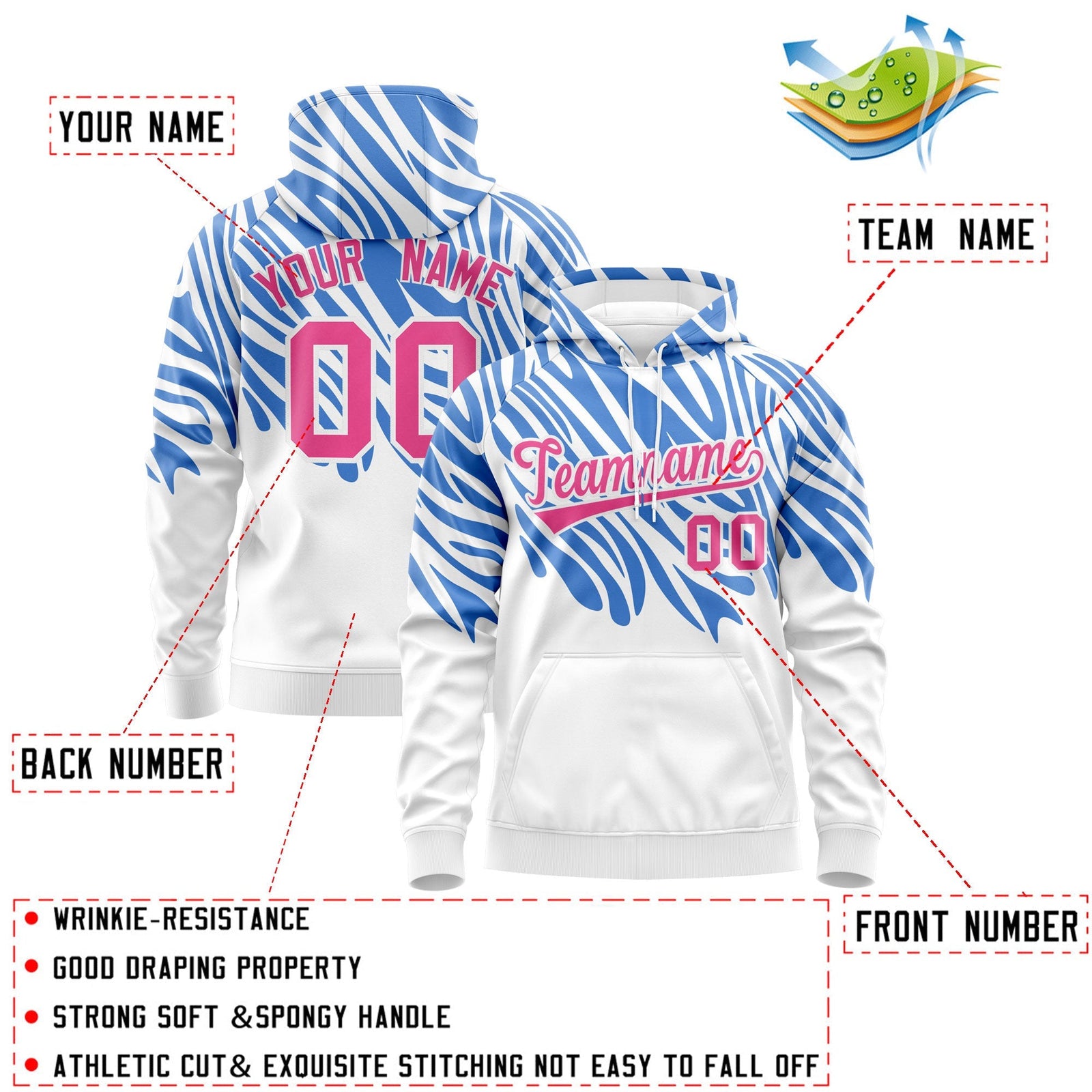 Custom White Powder Blue Pink Leopard Print Pullover Sweatshirt Hoodie| KXKSHOP