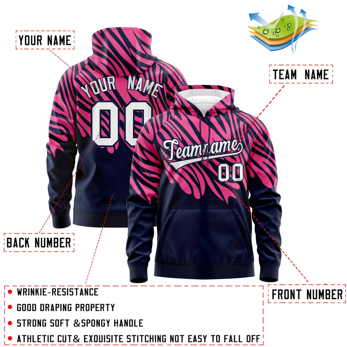 Custom Pink Navy Leopard Print Pullover Sweatshirt Hoodie| KXKSHOP