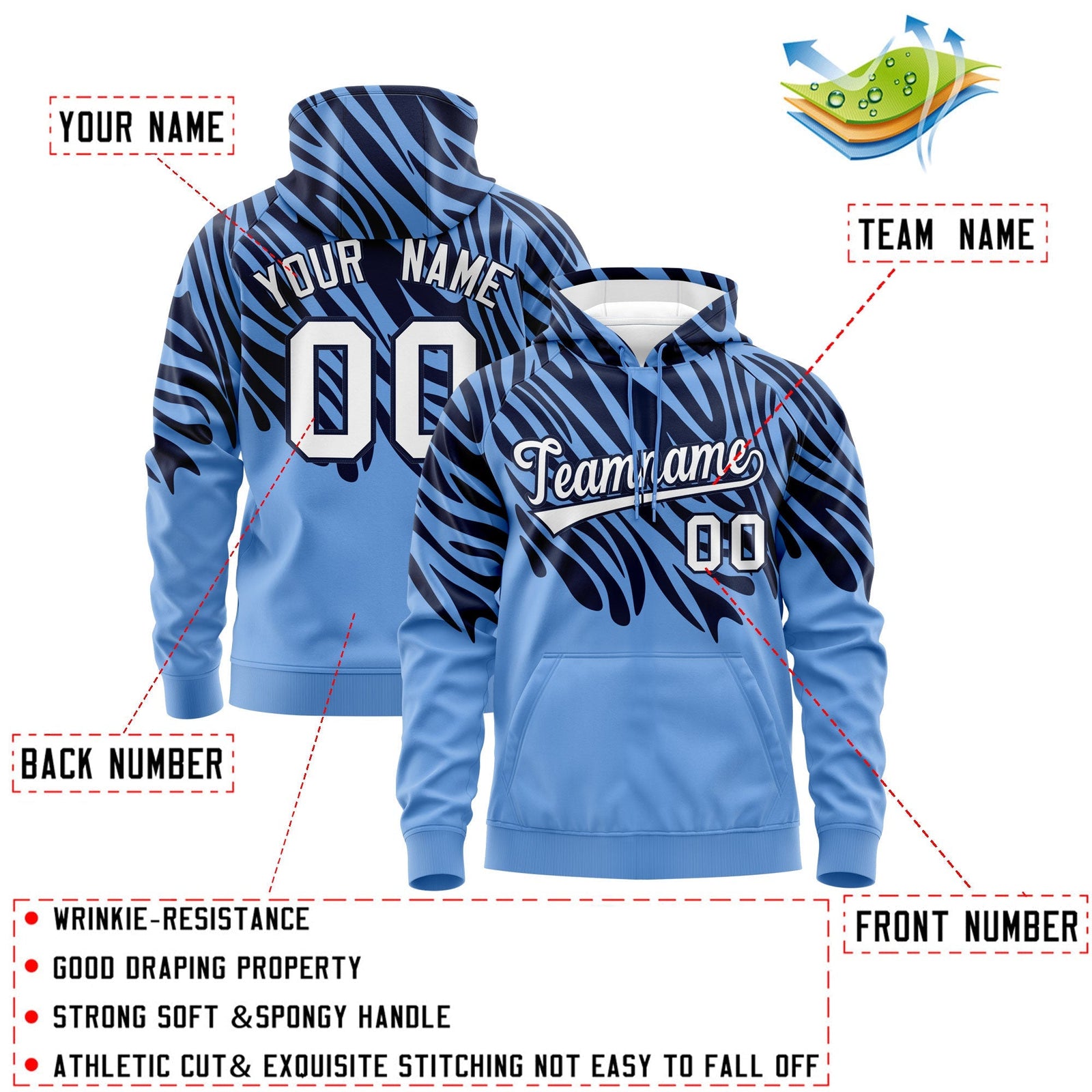 Custom Navy Light Blue Leopard Print Pullover Sweatshirt Hoodie| KXKSHOP