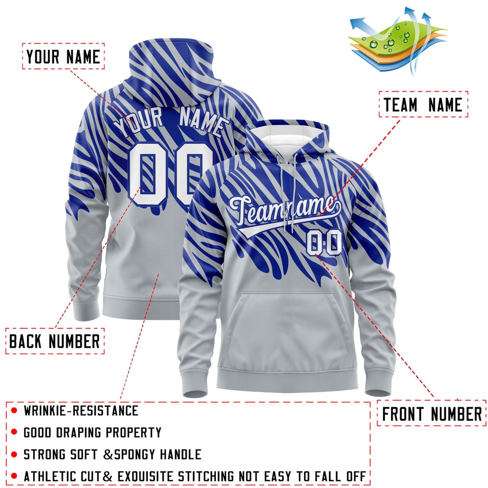 Custom Royal Blue Silver Leopard Print Pullover Sweatshirt Hoodie| KXKSHOP