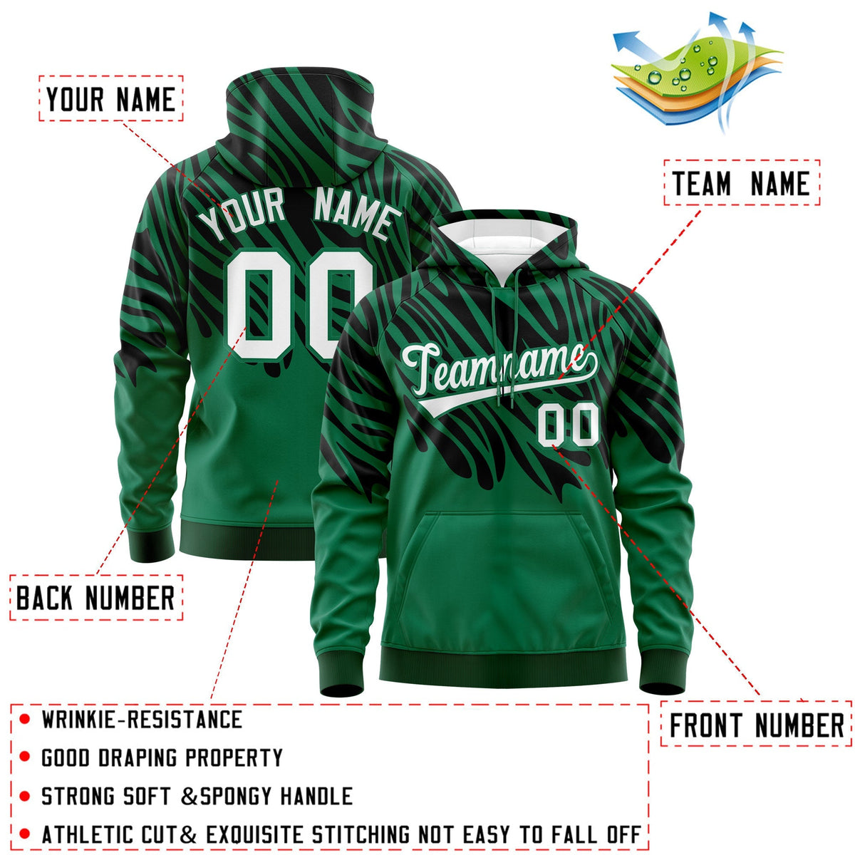 Custom Kelly Green Black Leopard Print Pullover Sweatshirt Hoodie| KXKSHOP