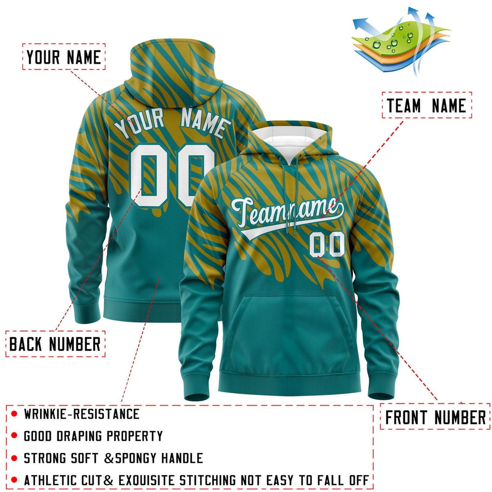 Custom Teal Old Gold Leopard Print Pullover Sweatshirt Hoodie| KXKSHOP