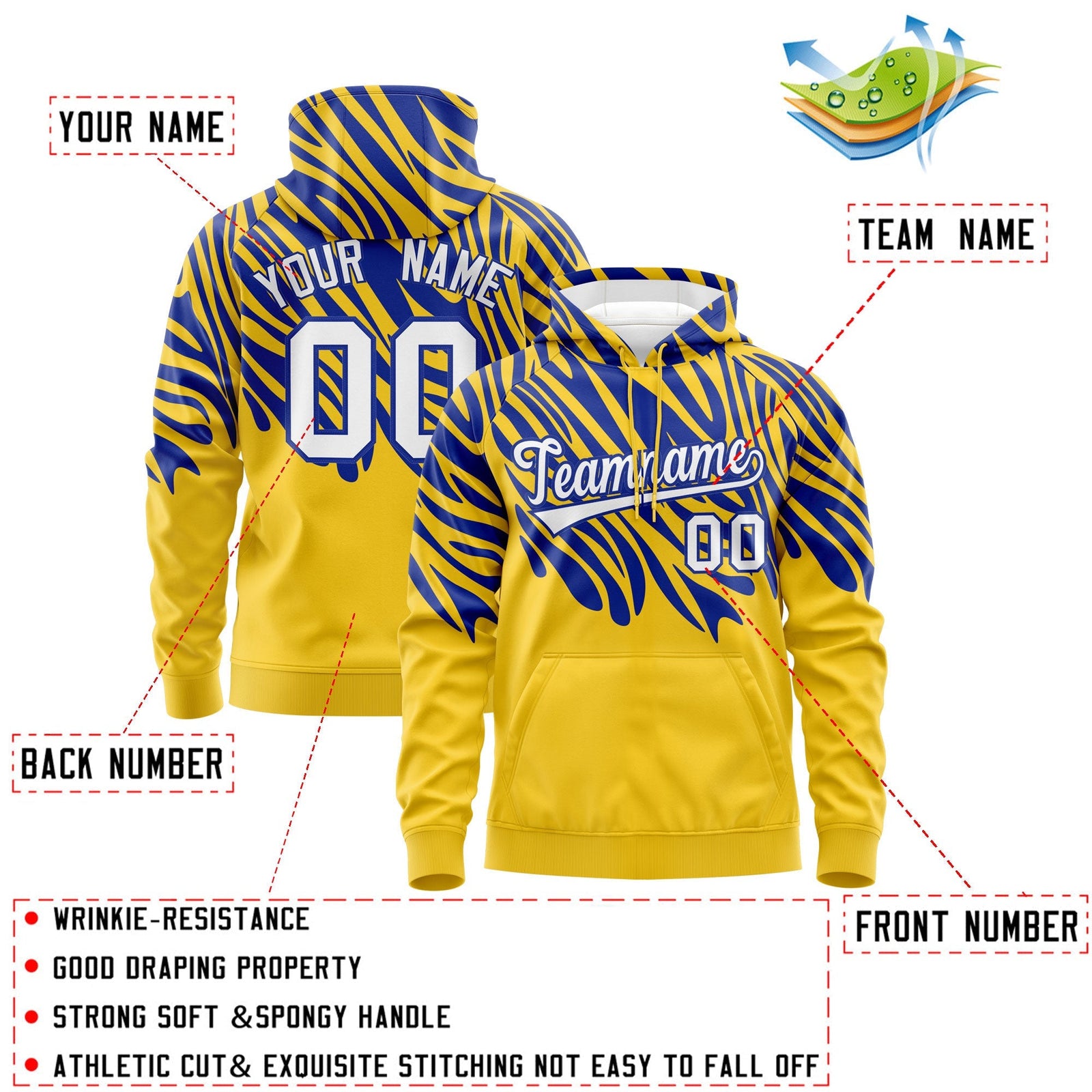 Custom Royal Blue Gold Leopard Print Pullover Sweatshirt Hoodie| KXKSHOP