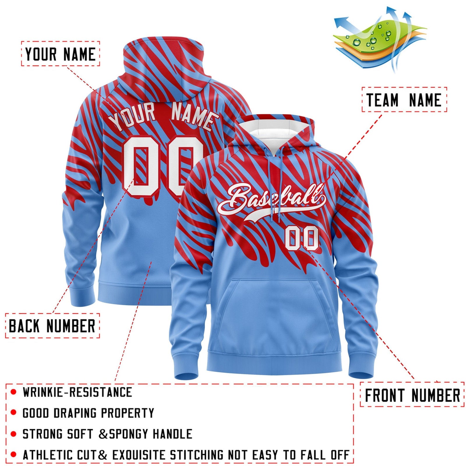 Custom Red Light Blue Leopard Print Pullover Sweatshirt Hoodie| KXKSHOP