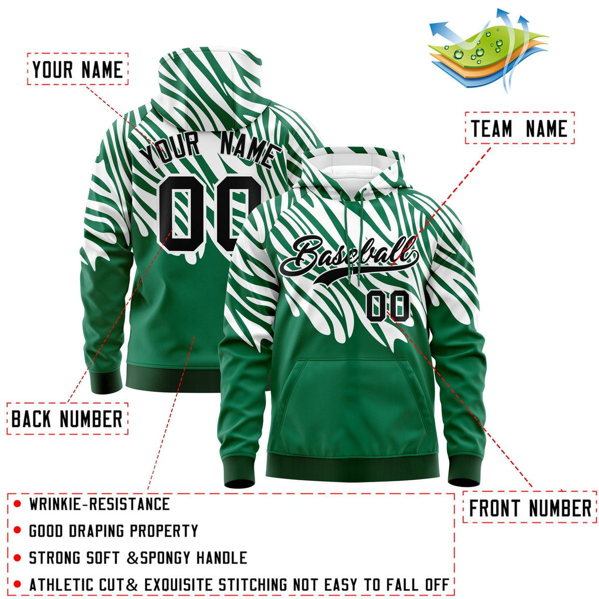 Custom Kelly Green White Leopard Print Pullover Sweatshirt Hoodie| KXKSHOP