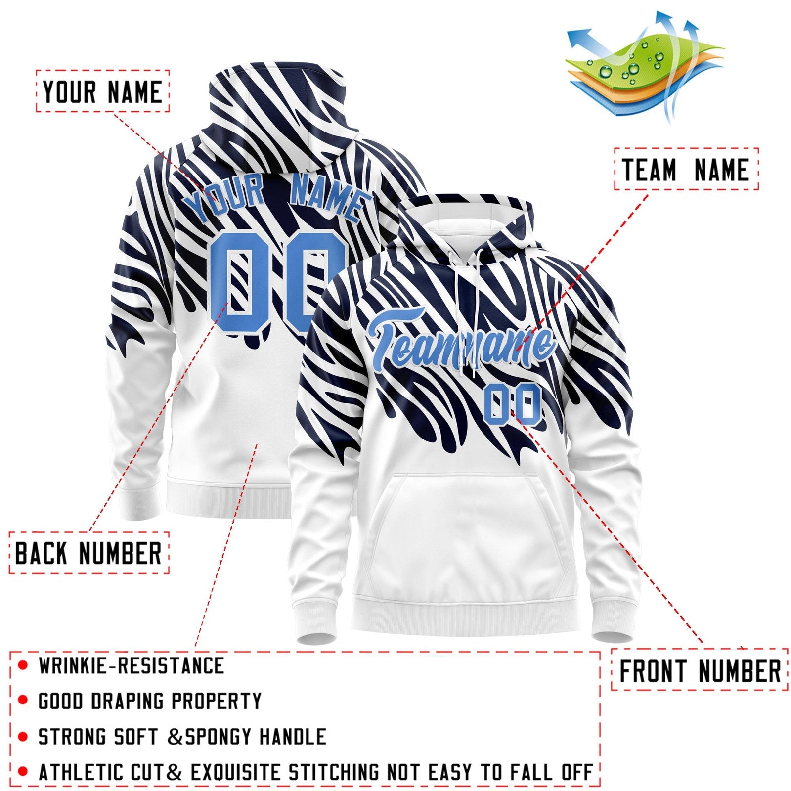 Custom Navy White Powder Blue Leopard Print Pullover Sweatshirt Hoodie| KXKSHOP