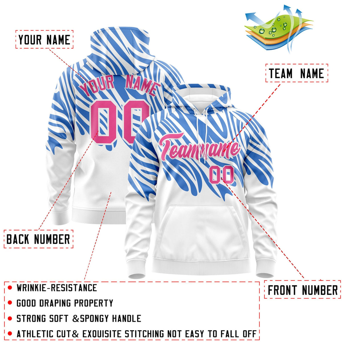 Custom White Powder Blue Pink Leopard Print Pullover Sweatshirt Hoodie| KXKSHOP