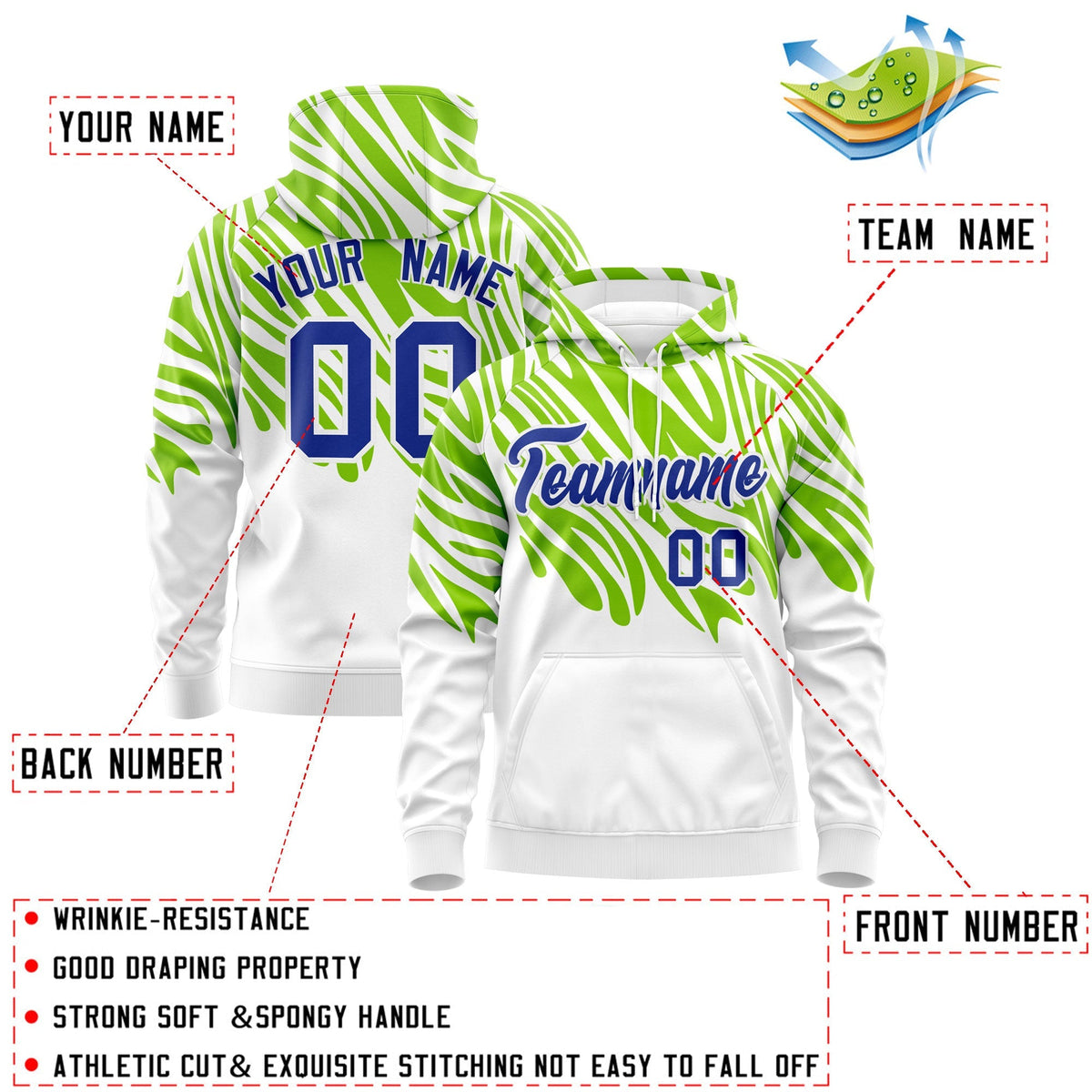 Custom Neon Green White Royal Blue Leopard Print Pullover Sweatshirt Hoodie| KXKSHOP